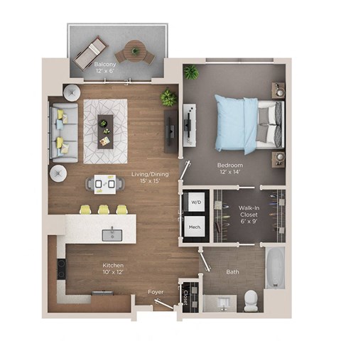 Floor plan for 1 bed, 1 bath, 822 sqft