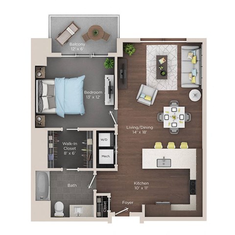 Floor plan for 1 bed, 1 bath, 827 sqft
