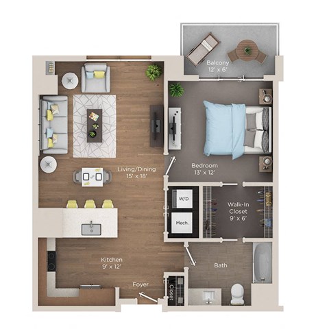 Floor plan for 1 bed, 1 bath, 835 sqft