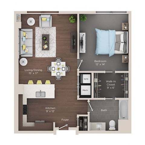 Floor plan for 1 bed, 1 bath, 827 sqft