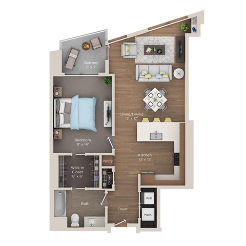 Floor plan for 1 bed, 1 bath, 840 sqft