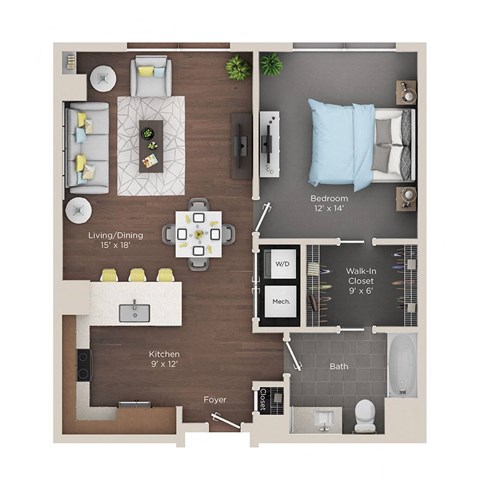 Floor plan for 1 bed, 1 bath, 841 sqft