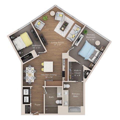 Floor plan for 2 beds, 2 baths, 1154 sqft