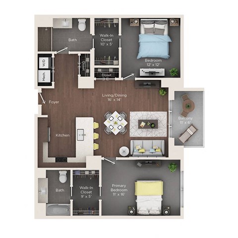 Floor plan for 2 beds, 2 baths, 1185 sqft