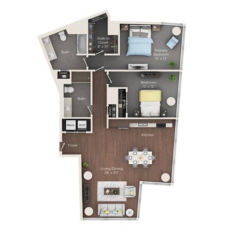Floor plan for 2 beds, 2 baths, 1403 sqft