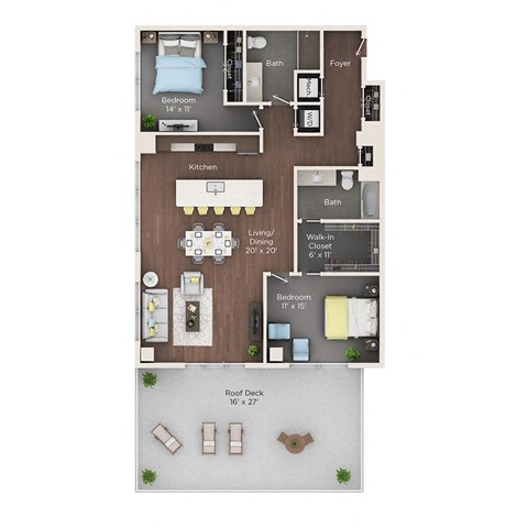 Floor plan for 2 beds, 2 baths, 1411 sqft