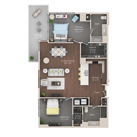 Floor plan for 2 beds, 2 baths, 1436 sqft