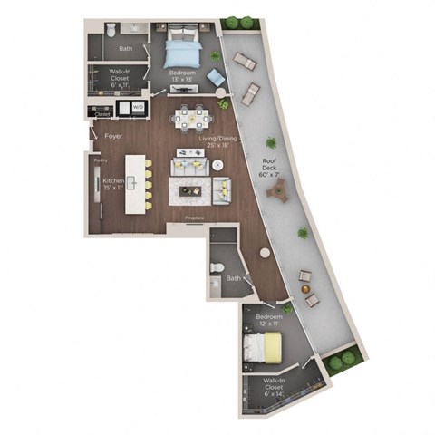 Floor plan for 2 beds, 2 baths, 1444 sqft