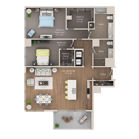 Floor plan for 2 beds, 2 baths, 1518 sqft