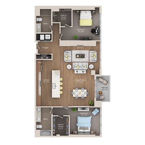 Floor plan for 2 beds, 2 baths, 1660 sqft