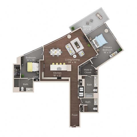 Floor plan for 2 beds, 2.5 baths, 1707 sqft