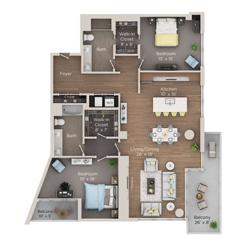 Floor plan for 2 beds, 2 baths, 1694 sqft