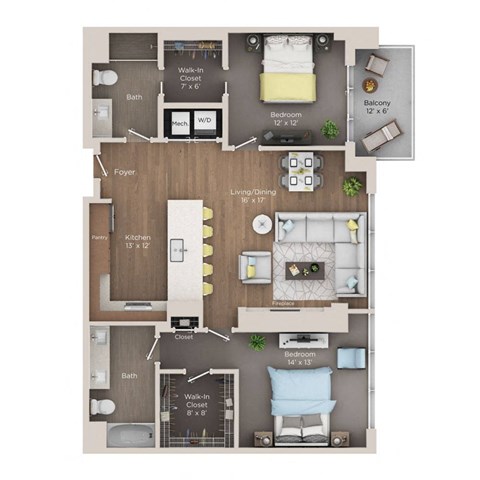 Floor plan for 2 beds, 2 baths