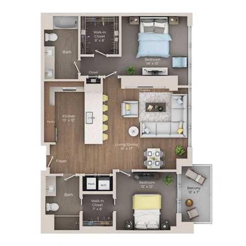 Floor plan for 2 beds, 2 baths, 1234 sqft