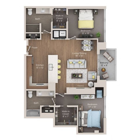 Floor plan for 2 beds, 2 baths, 1240 sqft