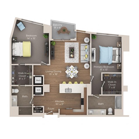 Floor plan for 2 beds, 2 baths, 1260 sqft