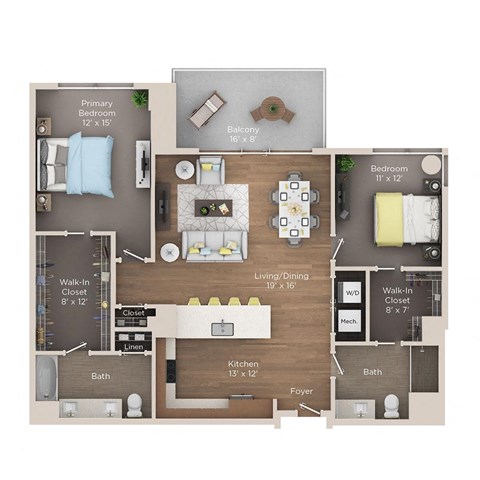 Floor plan for 2 beds, 2 baths, 1338 sqft