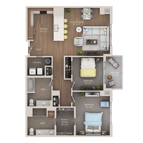 Floor plan for 2 beds, 2 baths, 1347 sqft