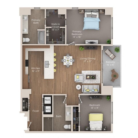 Floor plan for 2 beds, 2 baths, 1362 sqft