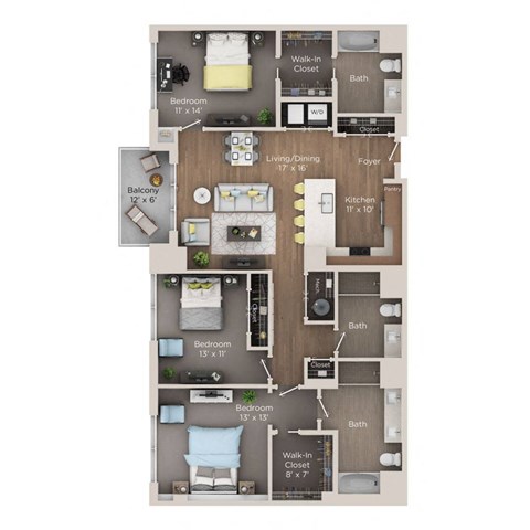 Floor plan for 3 beds, 3 baths, 1649 sqft