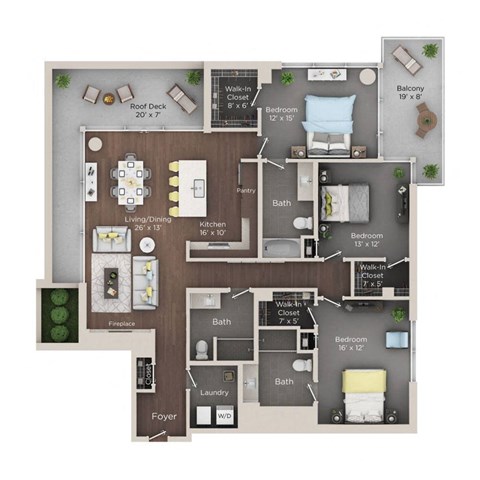 Floor plan for 3 beds, 2 baths, 1768 sqft