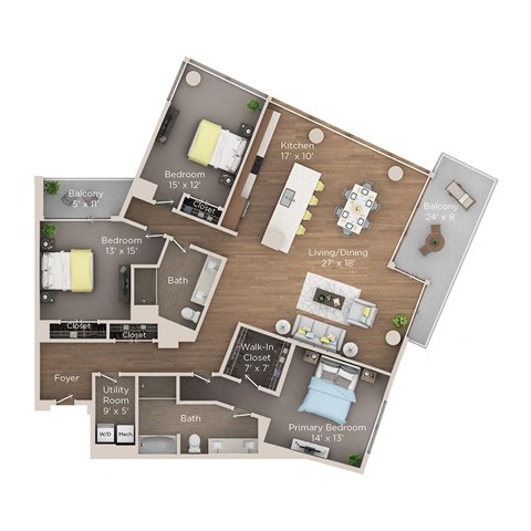 Floor plan for 3 beds, 3 baths, 1963 sqft