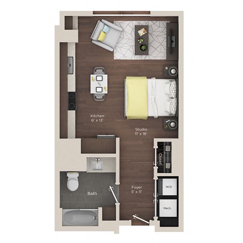 Floor plan for studio, 1 bath, 512 sqft