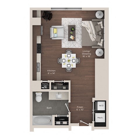Floor plan for studio, 1 bath, 539 sqft
