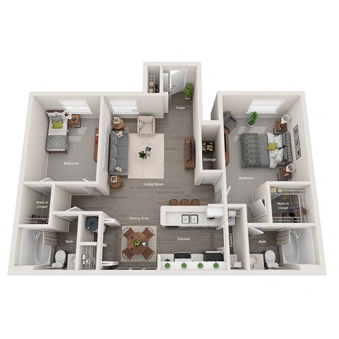 Floor plan for 2 beds, 2 baths, 1035 sqft