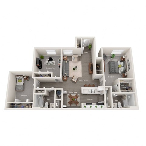 Floor plan for 3 beds, 2 baths, 1306 sqft