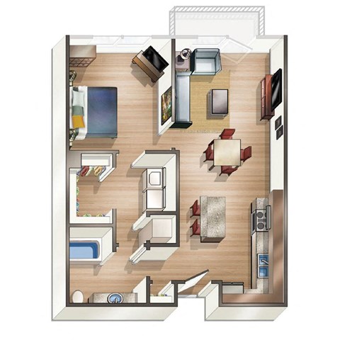Floor plan for 1 bed, 1 bath, 670 sqft