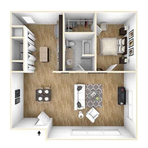 Floor plan for 1 bed, 1 bath, 1233 sqft