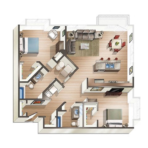 Floor plan for 2 beds, 2 baths, 1125 sqft