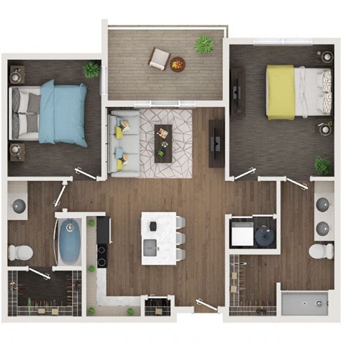 Floor plan for 2 beds, 2 baths, 857 sqft