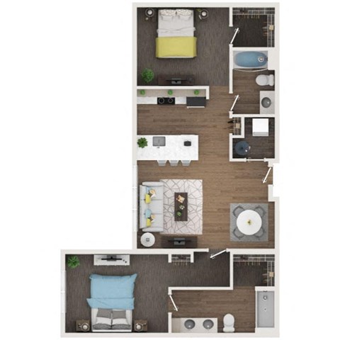 Floor plan for 1 bed, 2 baths, 973 sqft