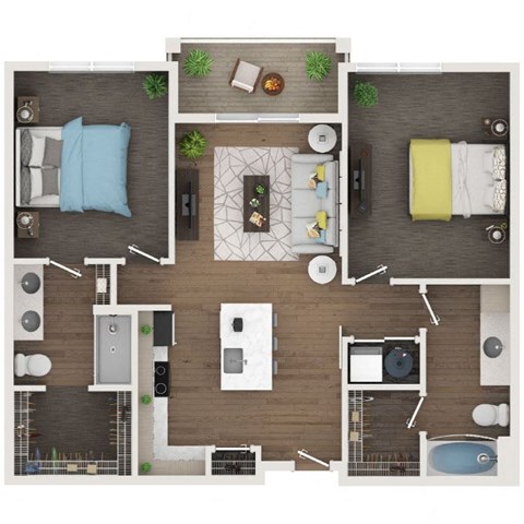 Floor plan for 2 beds, 2 baths, 978 sqft