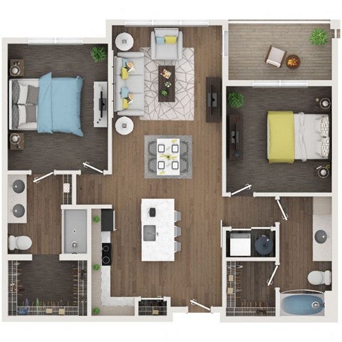 Floor plan for 2 beds, 2 baths, 983 sqft