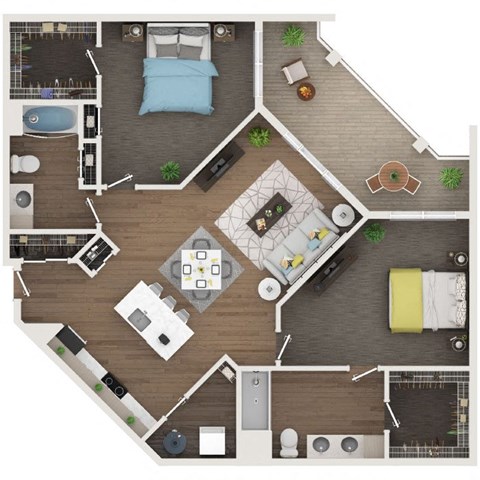 Floor plan for 2 beds, 2 baths, 1171 sqft