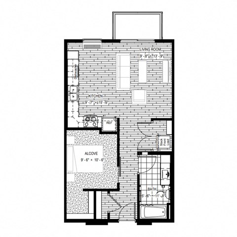Floor plan for 1 bed, 1 bath, 660 sqft