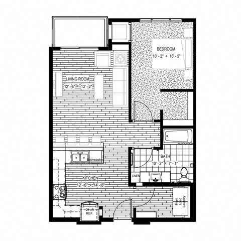 Floor plan for 1 bed, 1 bath, 750 sqft