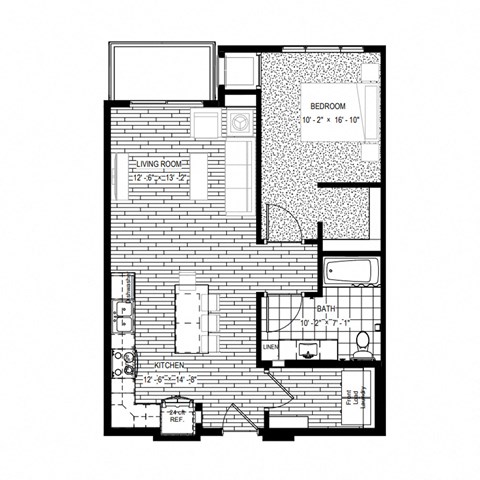 Floor plan for 1 bed, 1 bath, 750 sqft