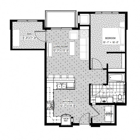Floor plan for 1 bed, 1 bath, 830 sqft