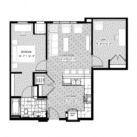 Floor plan for 1 bed, 1 bath, 840 sqft