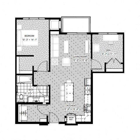 Floor plan for 1 bed, 1 bath, 880 sqft