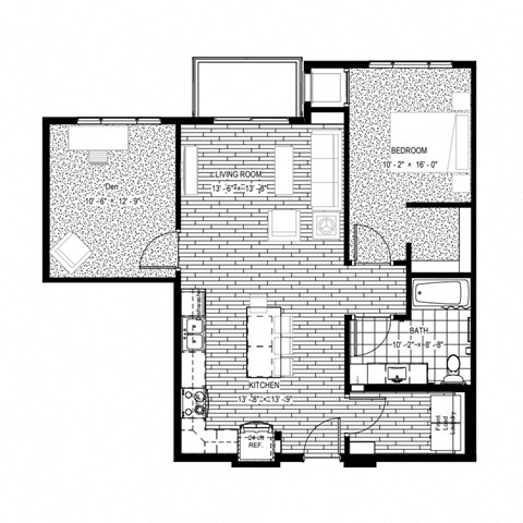 Floor plan for 1 bed, 1 bath, 930 sqft