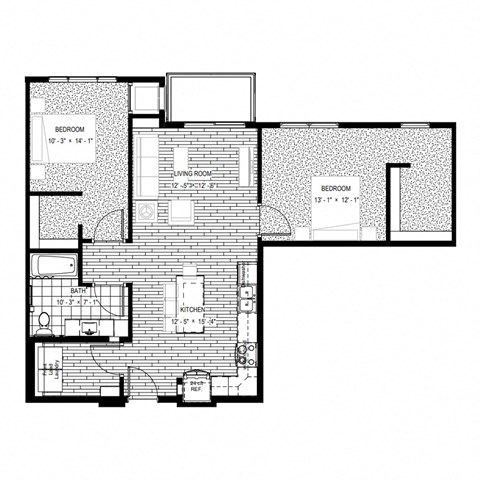 Floor plan for 2 beds, 1 bath, 1010 sqft