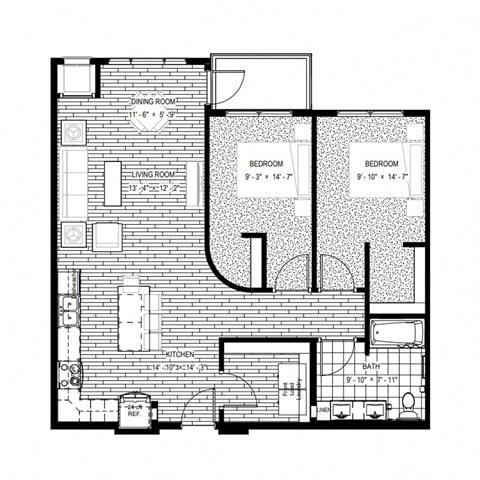 Floor plan for 2 beds, 1 bath, 1040 sqft