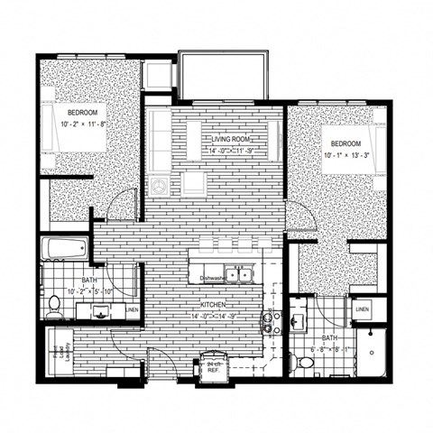 Floor plan for 2 beds, 2 baths, 1100 sqft