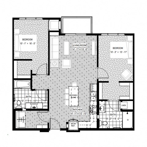 Floor plan for 2 beds, 2 baths, 1100 sqft