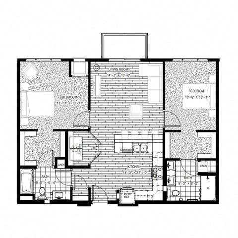 Floor plan for 2 beds, 2 baths, 1140 sqft